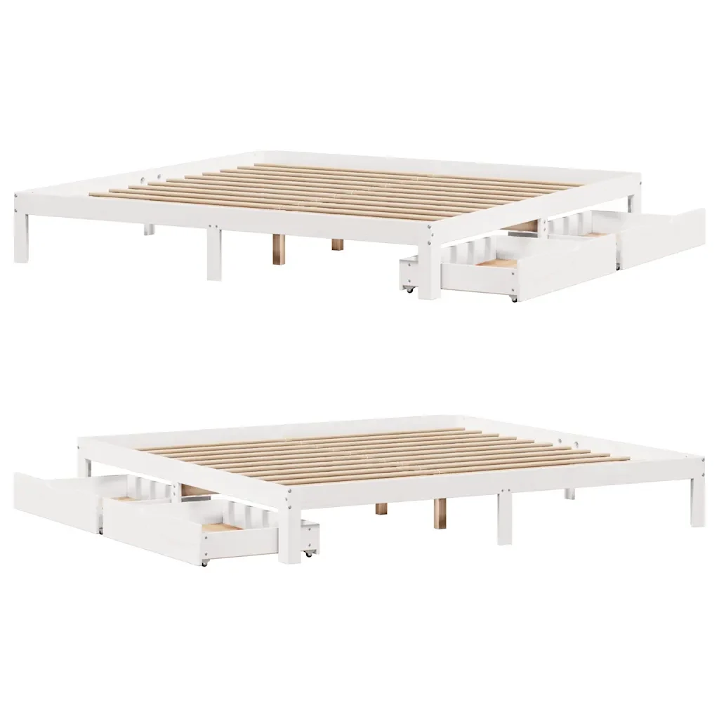 Letto matrimoniale | Letto per adulti | Giroletto con Cassetti Bianco 200x200 cm Legno Massello di Pino - Image 9
