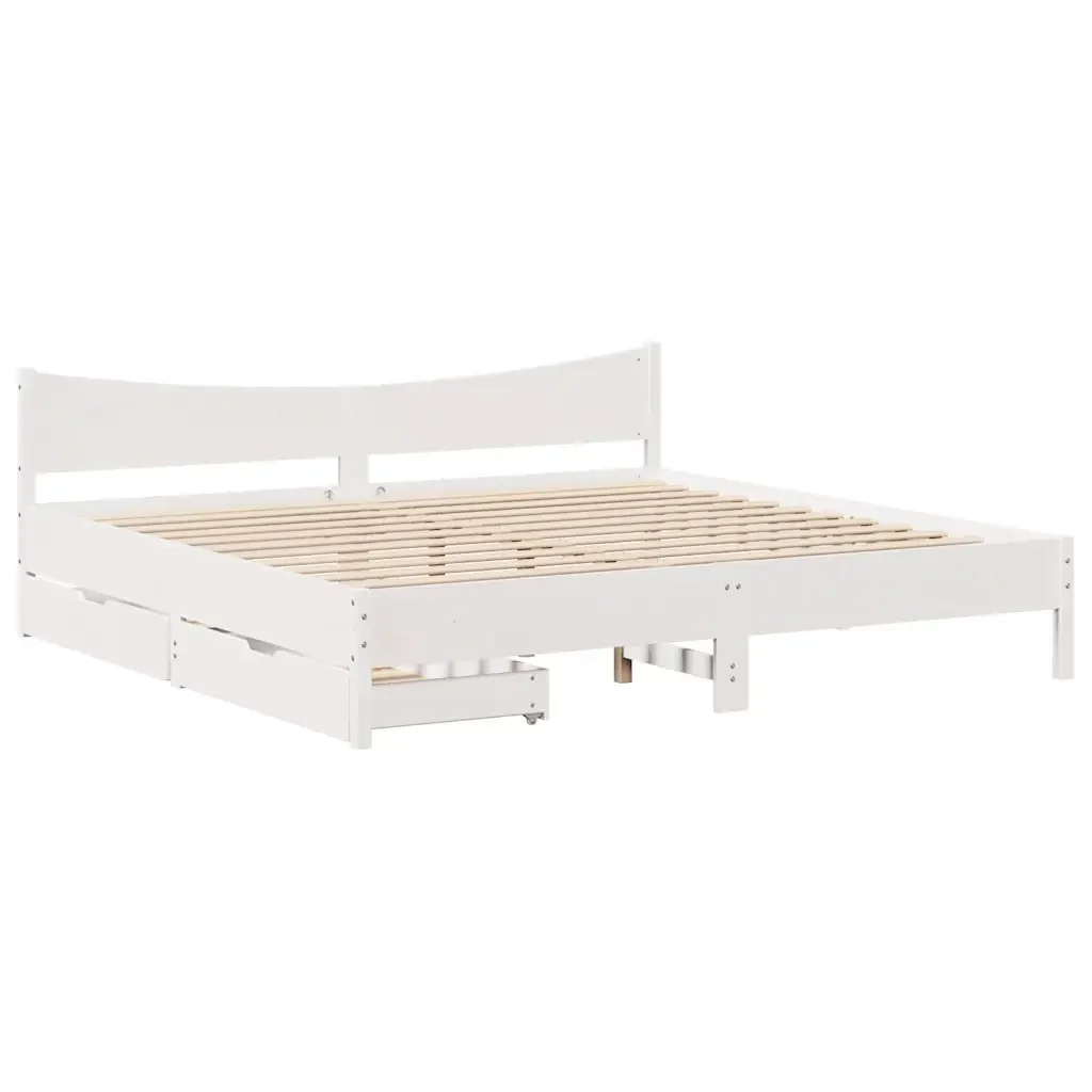 Letto matrimoniale | Letto per adulti | Giroletto con Cassetti Bianco 200x200 cm Legno Massello di Pino