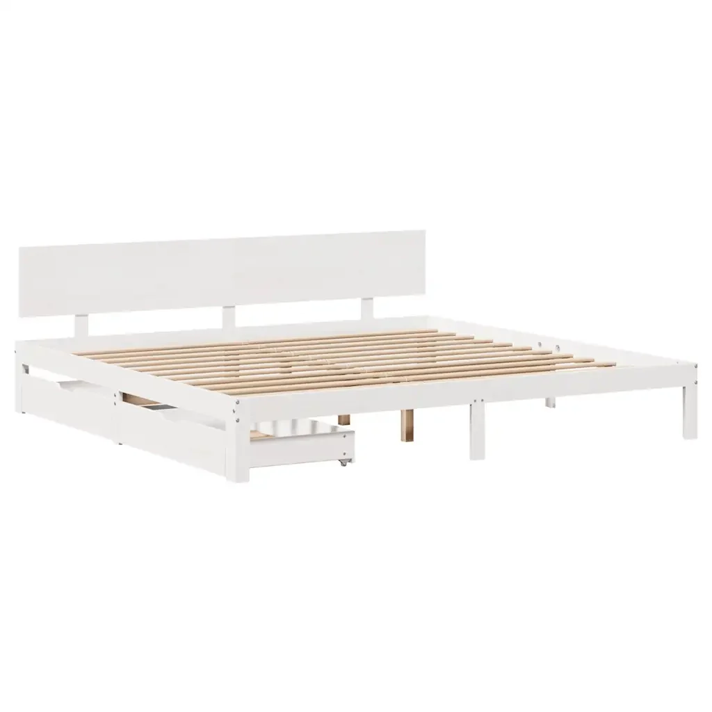Letto matrimoniale | Letto per adulti | Giroletto con Cassetti Bianco 200x200 cm Legno Massello di Pino - Image 3