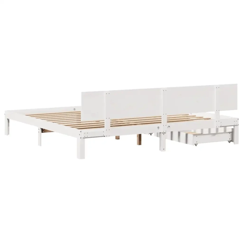 Letto matrimoniale | Letto per adulti | Giroletto con Cassetti Bianco 200x200 cm Legno Massello di Pino - Image 6