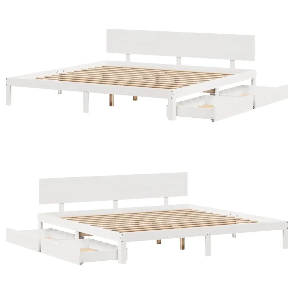 Letto matrimoniale | Letto per adulti | Giroletto con Cassetti Bianco 200x200 cm Legno Massello di Pino - Image 9