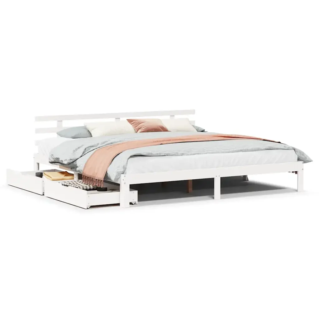 Letto matrimoniale | Letto per adulti | Giroletto con Cassetti Bianco 200x200 cm Legno Massello di Pino