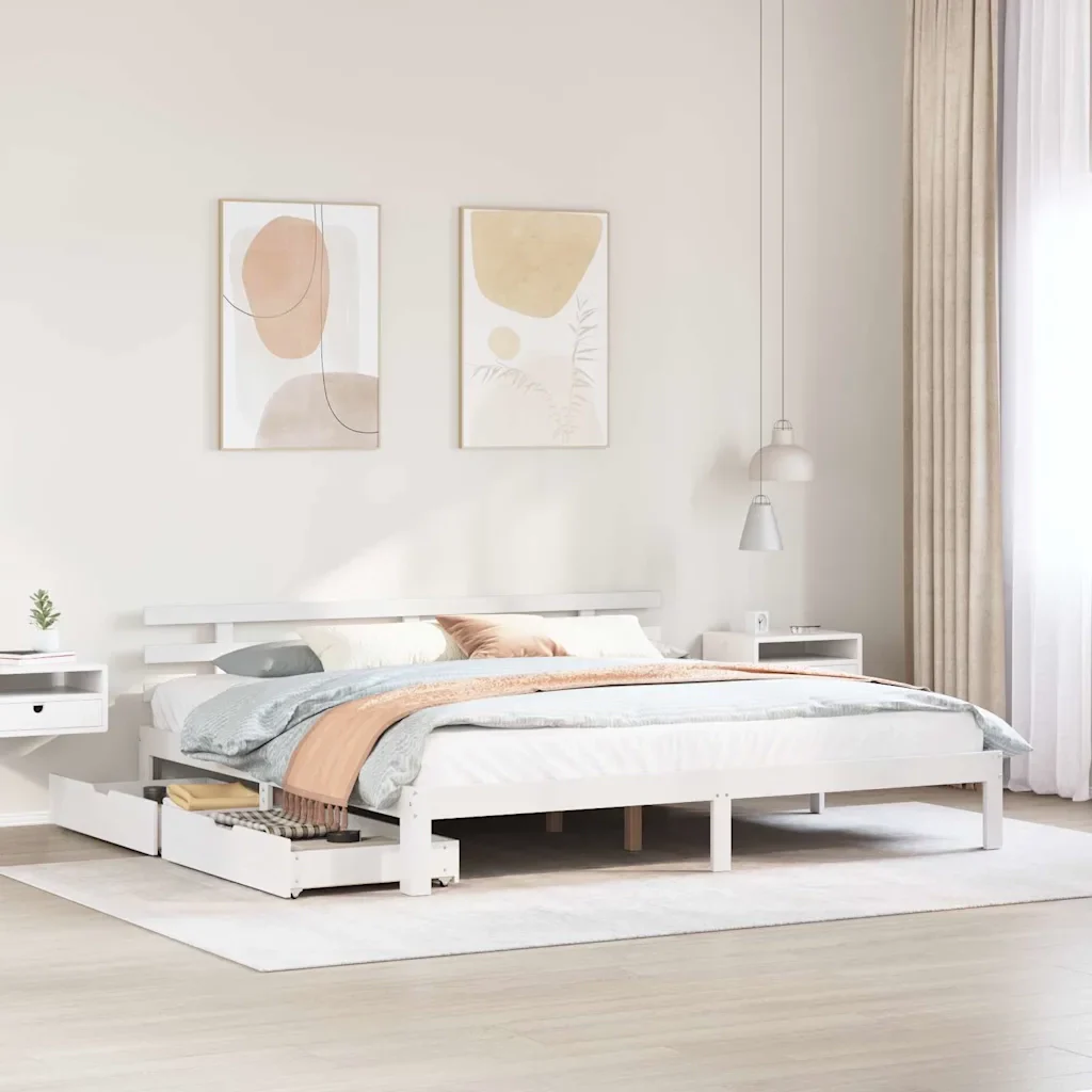 Letto matrimoniale | Letto per adulti | Giroletto con Cassetti Bianco 200x200 cm Legno Massello di Pino - Image 2