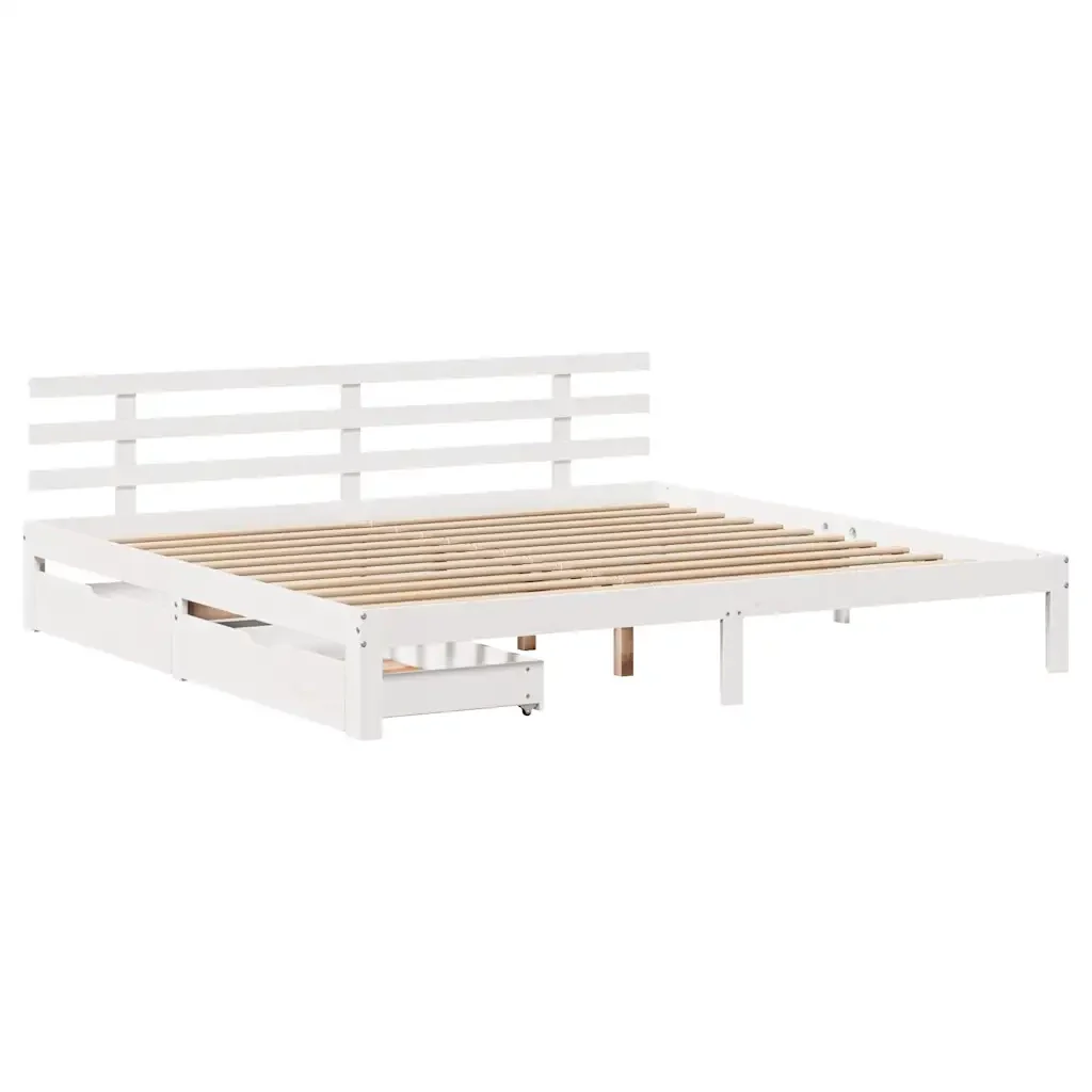 Letto matrimoniale | Letto per adulti | Giroletto con Cassetti Bianco 200x200 cm Legno Massello di Pino - Image 3