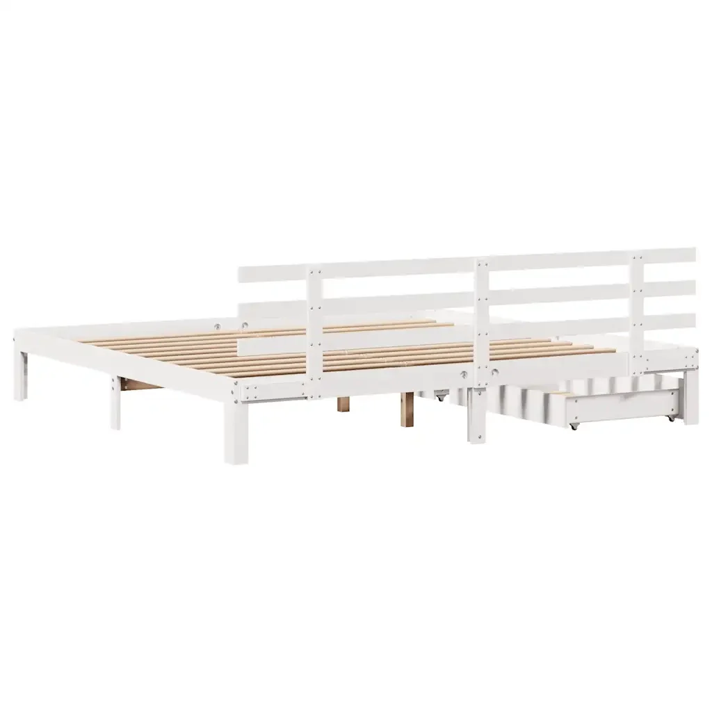 Letto matrimoniale | Letto per adulti | Giroletto con Cassetti Bianco 200x200 cm Legno Massello di Pino - Image 6