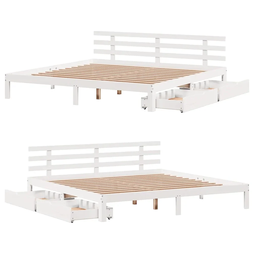 Letto matrimoniale | Letto per adulti | Giroletto con Cassetti Bianco 200x200 cm Legno Massello di Pino - Image 9