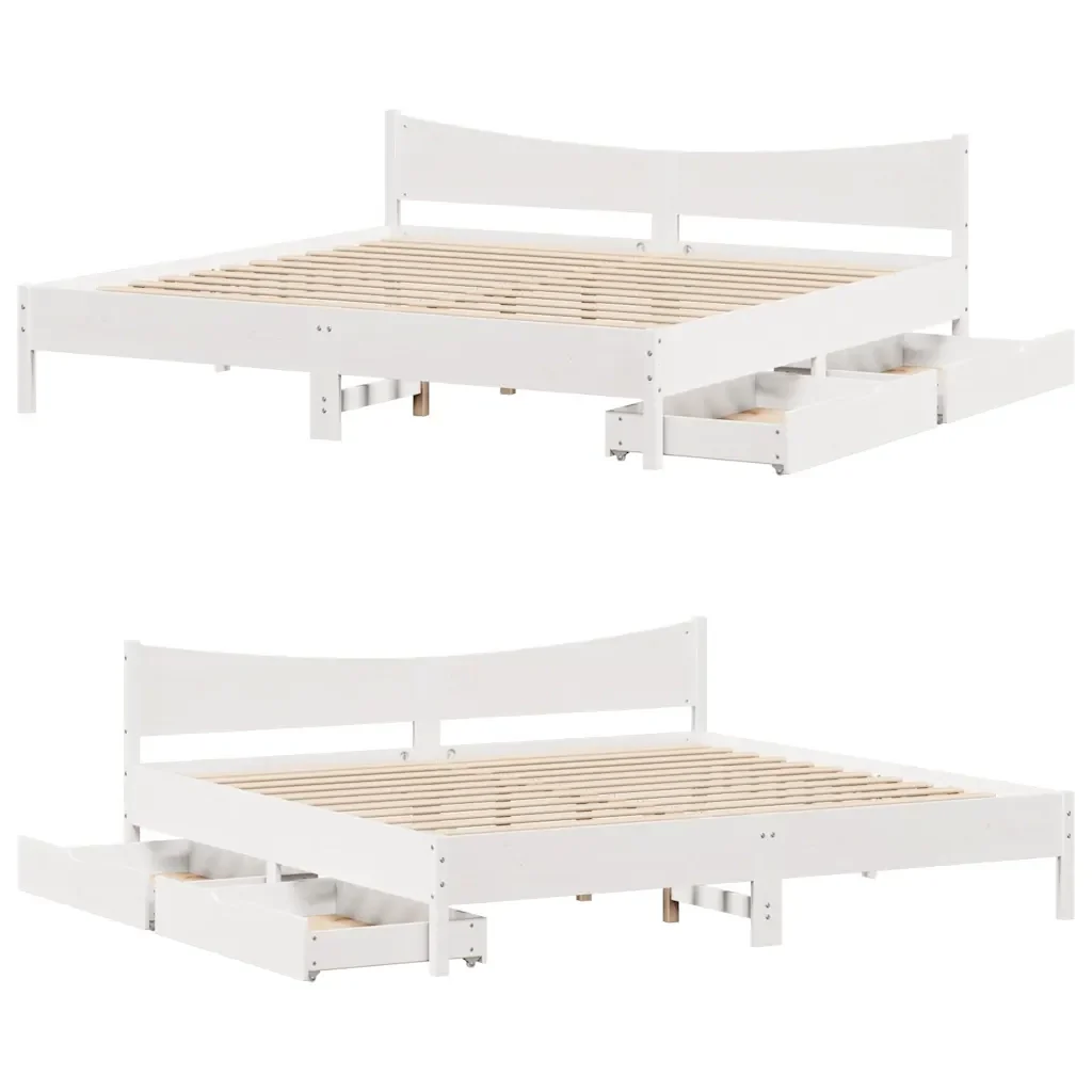 Letto matrimoniale | Letto per adulti | Giroletto con Cassetti Bianco 200x200 cm Legno Massello di Pino - Image 9