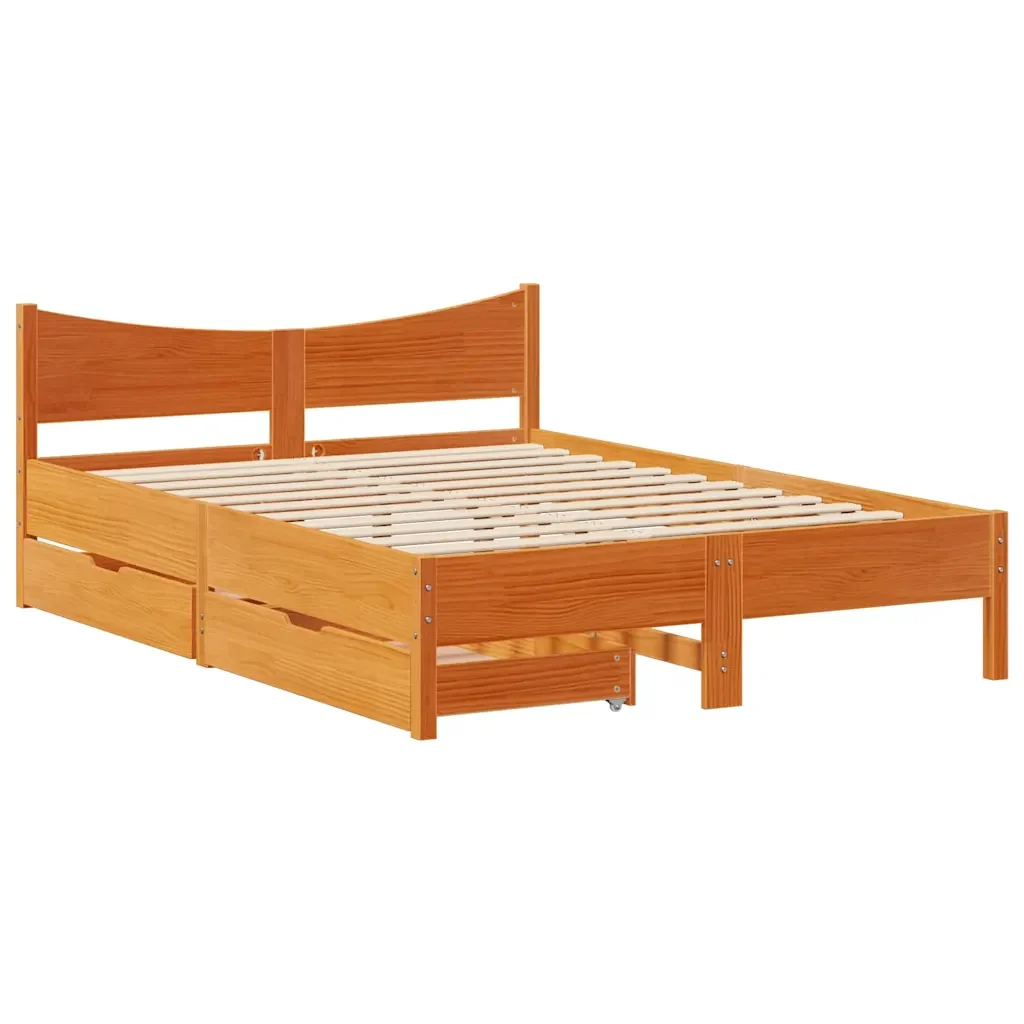 Letto matrimoniale | Letto per adulti | Giroletto con Cassetti Marrone Cera 150x200 cm Massello Pino