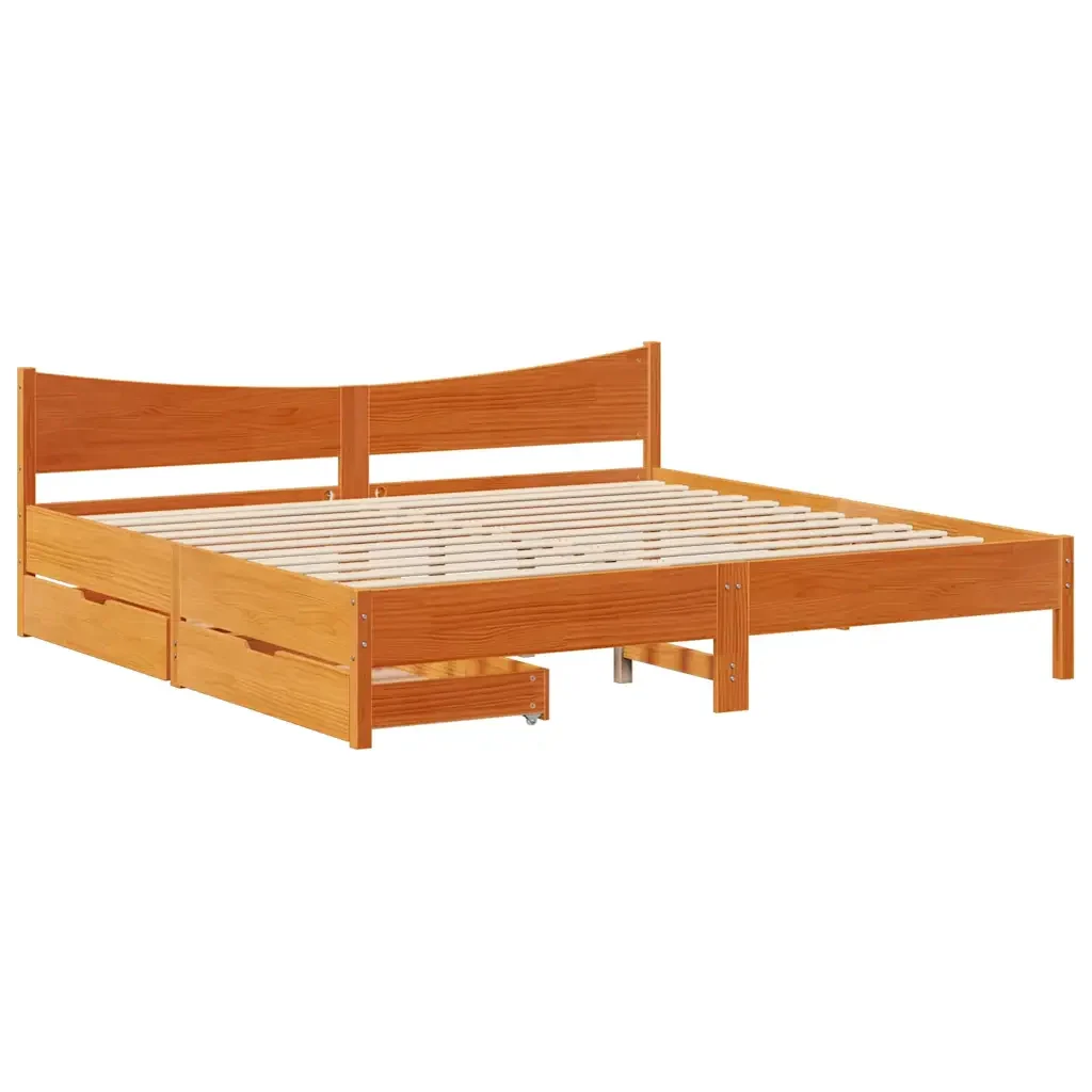Letto matrimoniale | Letto per adulti | Giroletto con Cassetti Marrone Cera 180x200 Legno Massello Pino
