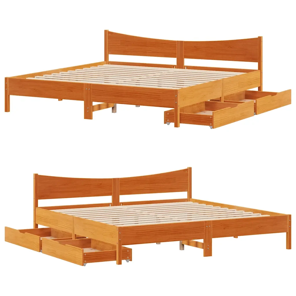 Letto matrimoniale | Letto per adulti | Giroletto con Cassetti Marrone Cera 180x200 Legno Massello Pino - Image 9