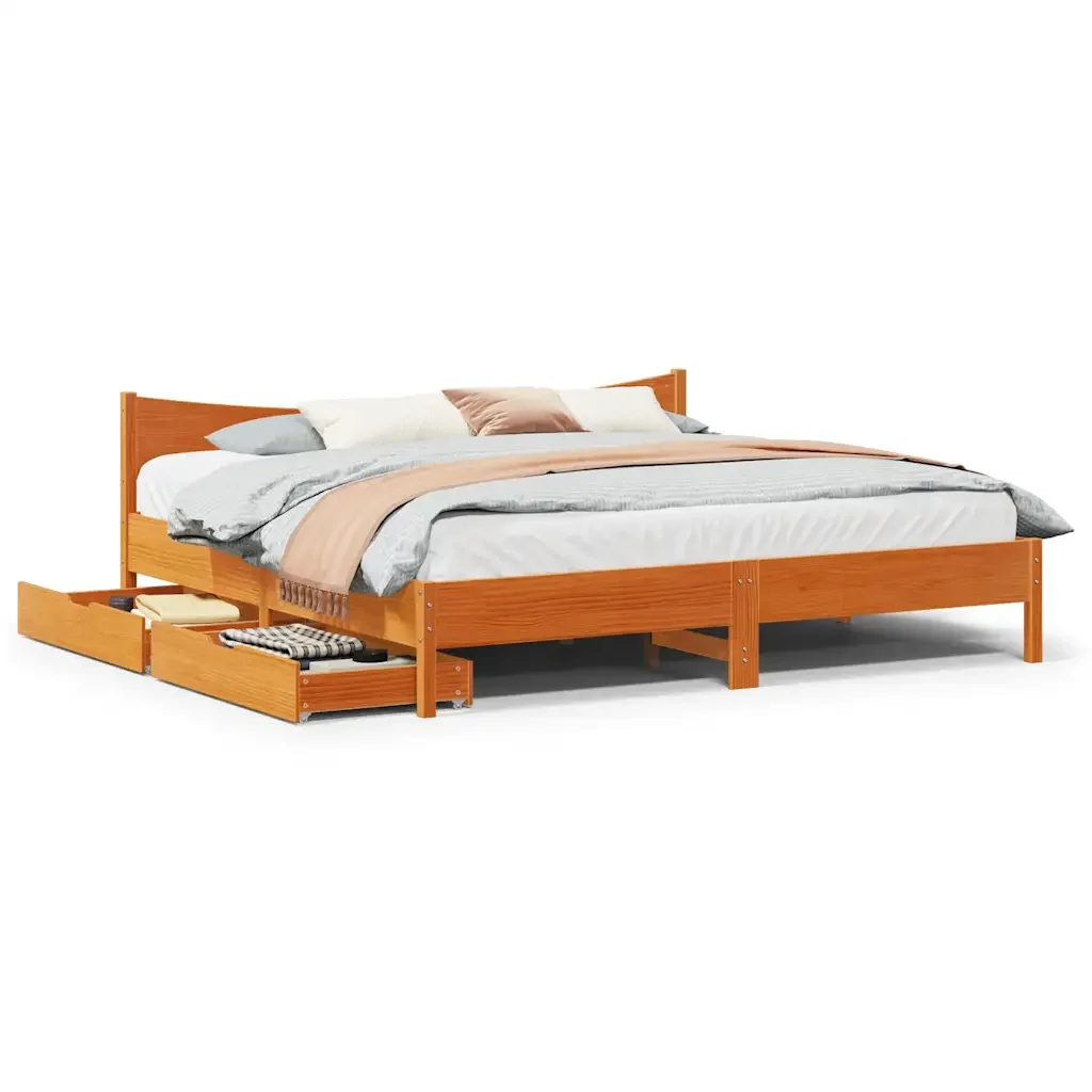 Letto matrimoniale | Letto per adulti | Giroletto con Cassetti Marrone Cera 200x200 cm Massello Pino - Image 2