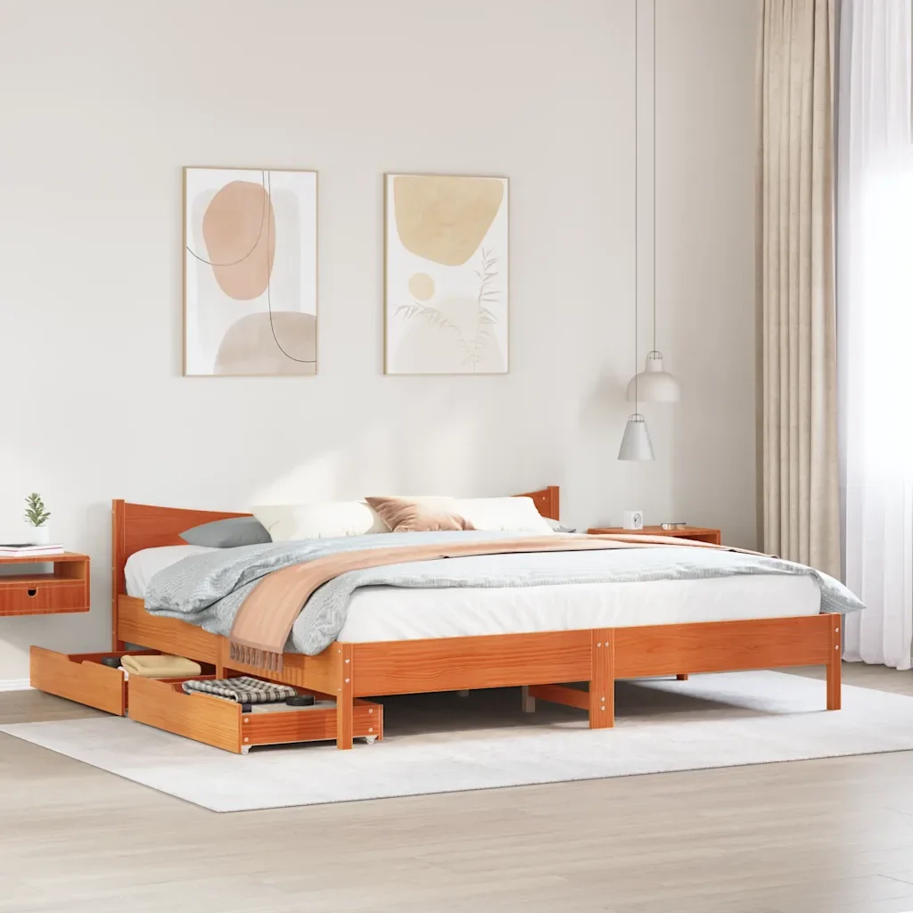 Letto matrimoniale | Letto per adulti | Giroletto con Cassetti Marrone Cera 200x200 cm Massello Pino - Image 4