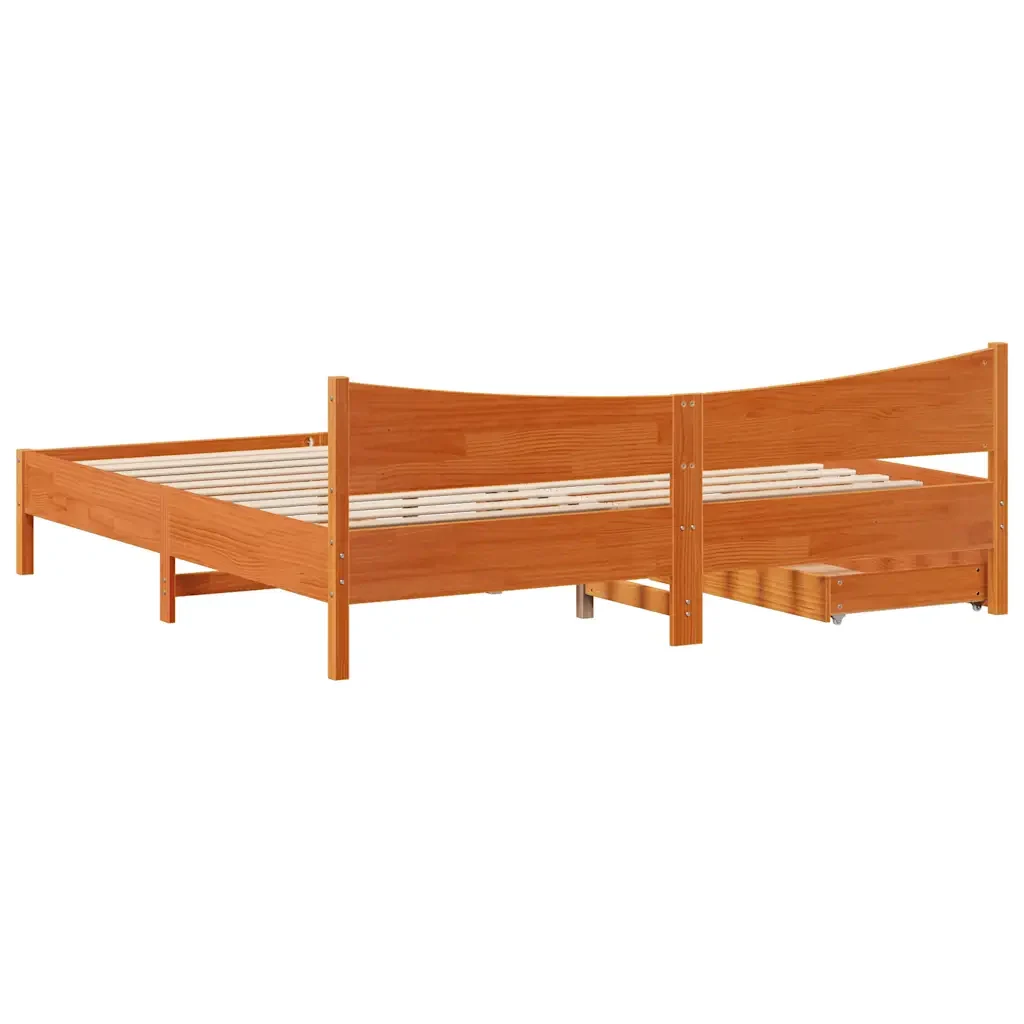 Letto matrimoniale | Letto per adulti | Giroletto con Cassetti Marrone Cera 200x200 cm Massello Pino - Image 8
