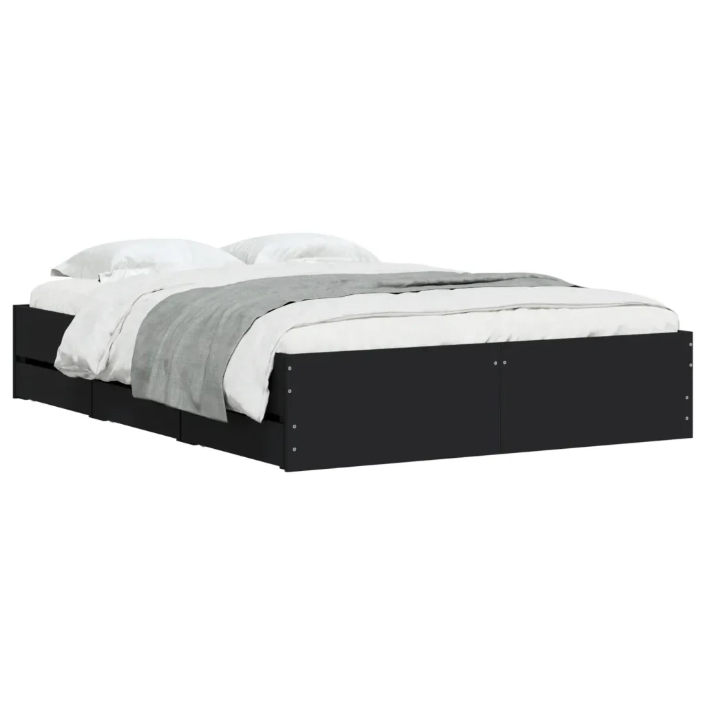 Letto matrimoniale | Letto per adulti | Giroletto con Cassetti Nero 120x190 cm in Legno Multistrato - Image 4