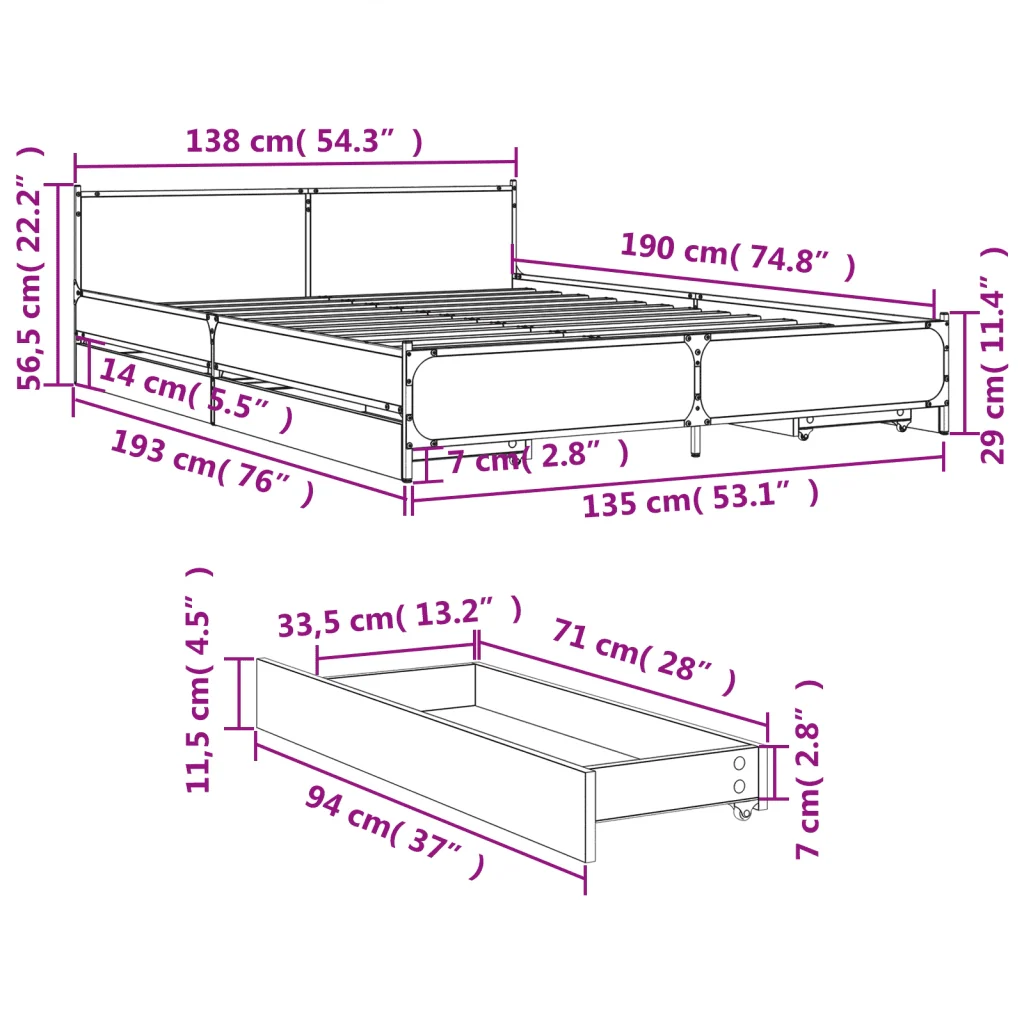 Letto matrimoniale | Letto per adulti | Giroletto con Cassetti Nero 135x190 cm in Legno Multistrato - Image 10