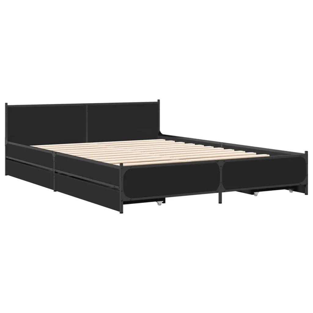 Letto matrimoniale | Letto per adulti | Giroletto con Cassetti Nero 135x190 cm in Legno Multistrato - Image 4