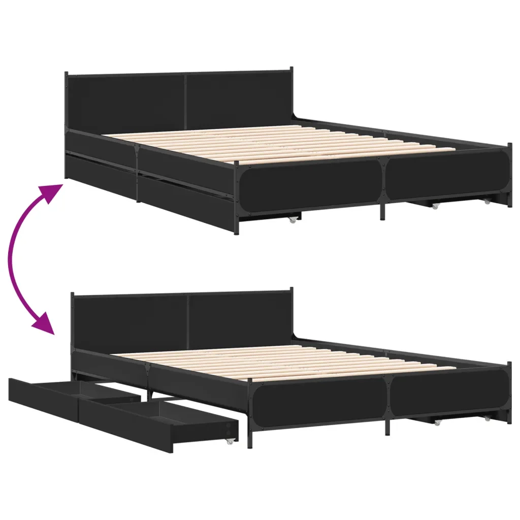 Letto matrimoniale | Letto per adulti | Giroletto con Cassetti Nero 135x190 cm in Legno Multistrato - Image 7