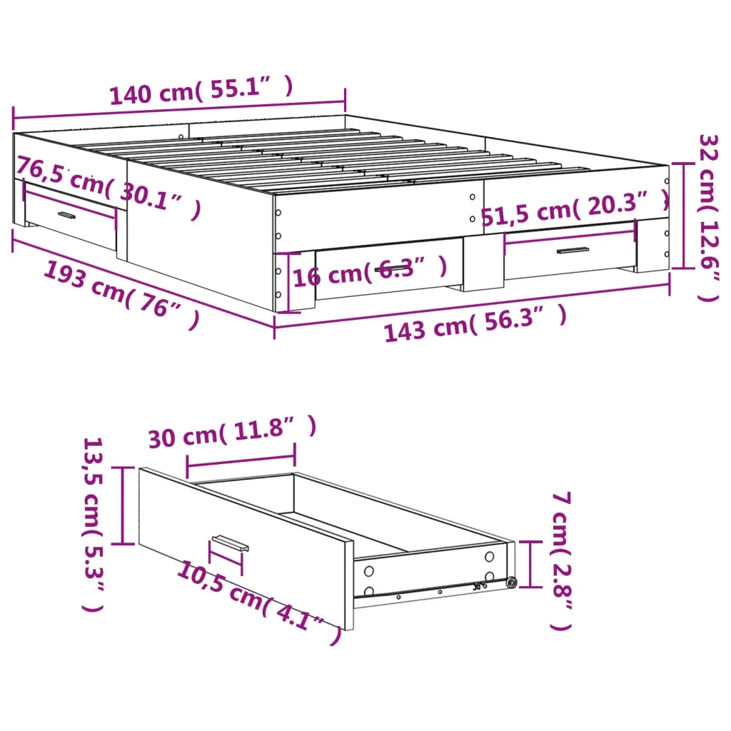 Letto matrimoniale | Letto per adulti | Giroletto con Cassetti Nero 140x190 cm in Legno Multistrato - Image 10