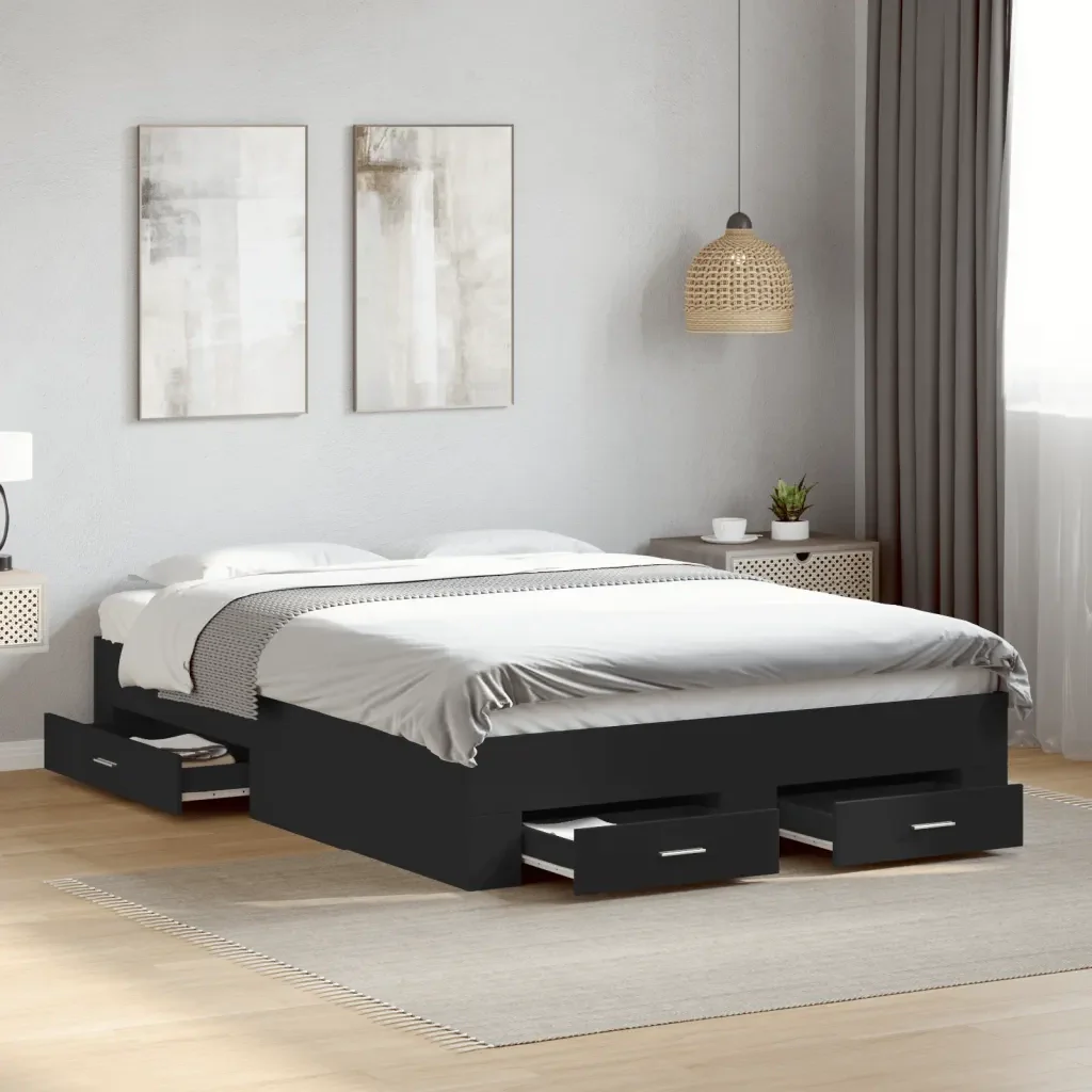 Letto matrimoniale | Letto per adulti | Giroletto con Cassetti Nero 140x190 cm in Legno Multistrato - Image 2