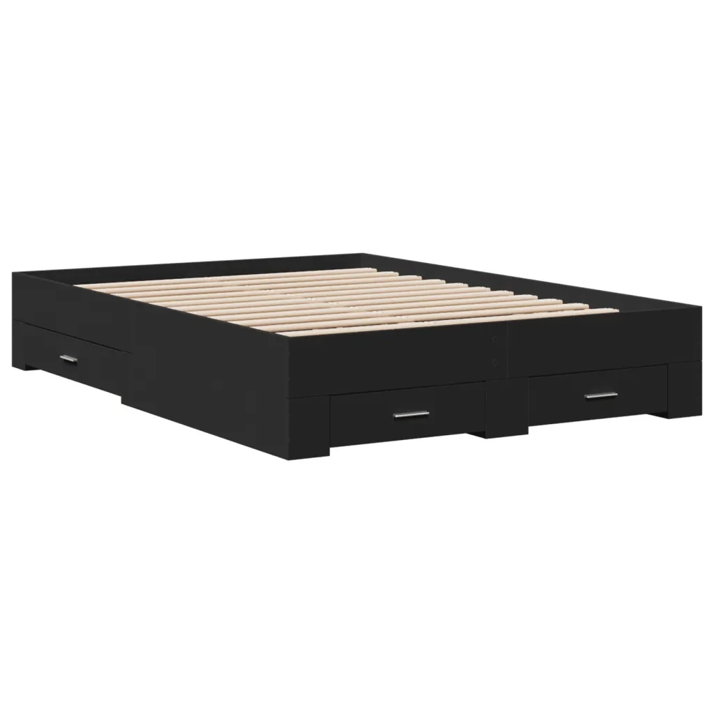 Letto matrimoniale | Letto per adulti | Giroletto con Cassetti Nero 140x190 cm in Legno Multistrato - Image 4