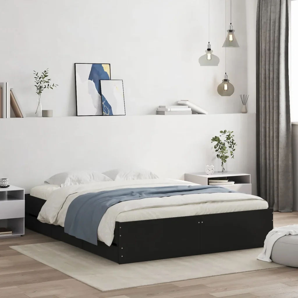 Letto matrimoniale | Letto per adulti | Giroletto con Cassetti Nero 140x200 cm in Legno Multistrato - Image 2