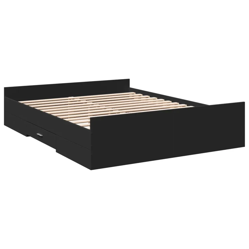 Letto matrimoniale | Letto per adulti | Giroletto con Cassetti Nero 150x200 cm in Legno Multistrato - Image 3