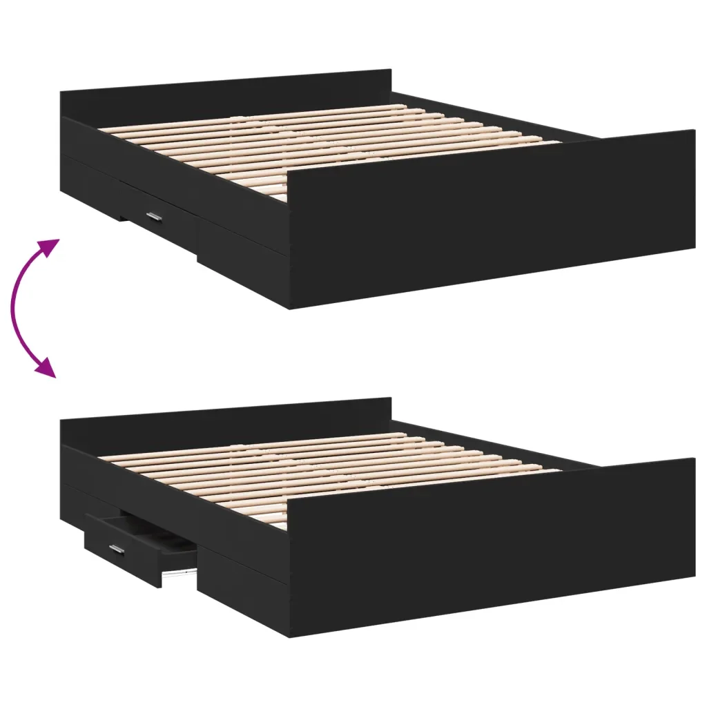 Letto matrimoniale | Letto per adulti | Giroletto con Cassetti Nero 150x200 cm in Legno Multistrato - Image 7