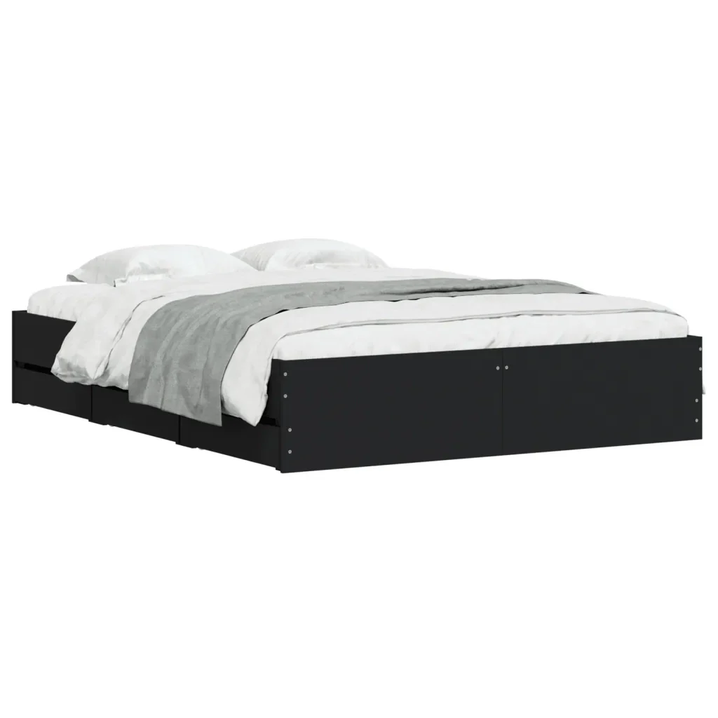 Letto matrimoniale | Letto per adulti | Giroletto con Cassetti Nero 150x200 cm in Legno Multistrato - Image 4