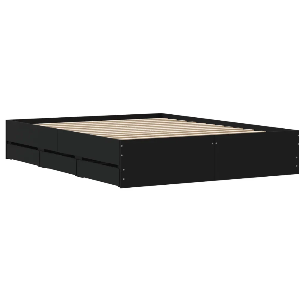 Letto matrimoniale | Letto per adulti | Giroletto con Cassetti Nero 150x200 cm in Legno Multistrato - Image 8