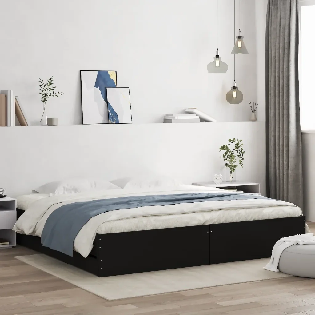 Letto matrimoniale | Letto per adulti | Giroletto con Cassetti Nero 160x200 cm in Legno Multistrato - Image 2