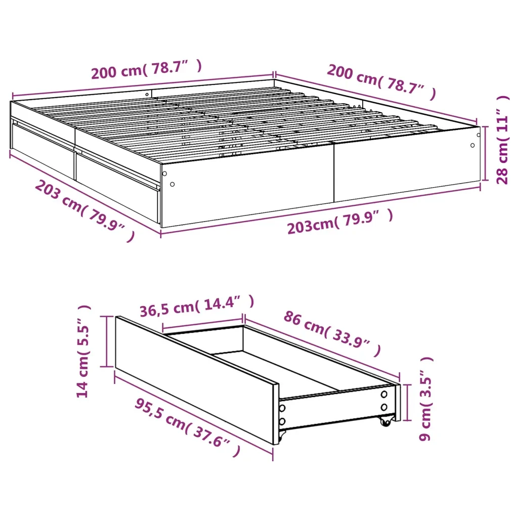 Letto matrimoniale | Letto per adulti | Giroletto con Cassetti Nero 200x200 cm in Legno Multistrato - Image 10
