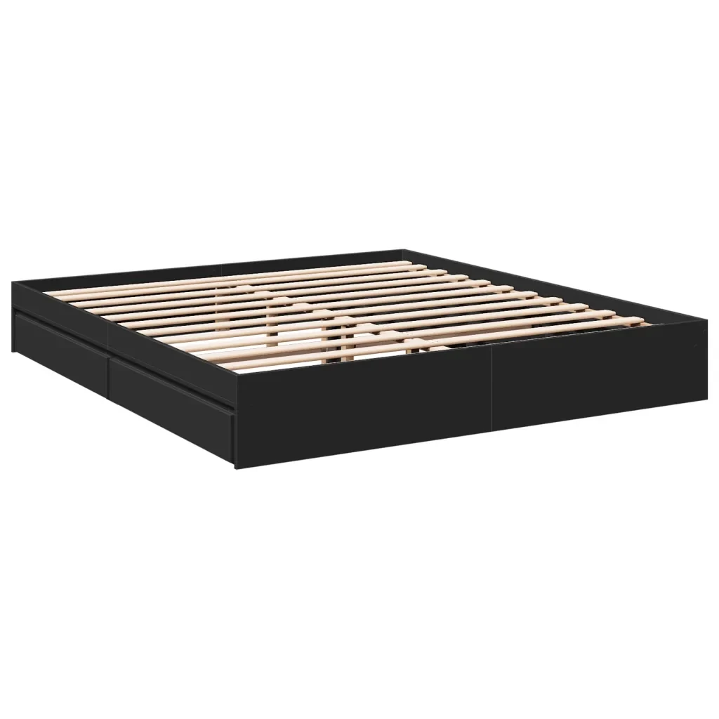 Letto matrimoniale | Letto per adulti | Giroletto con Cassetti Nero 200x200 cm in Legno Multistrato - Image 4