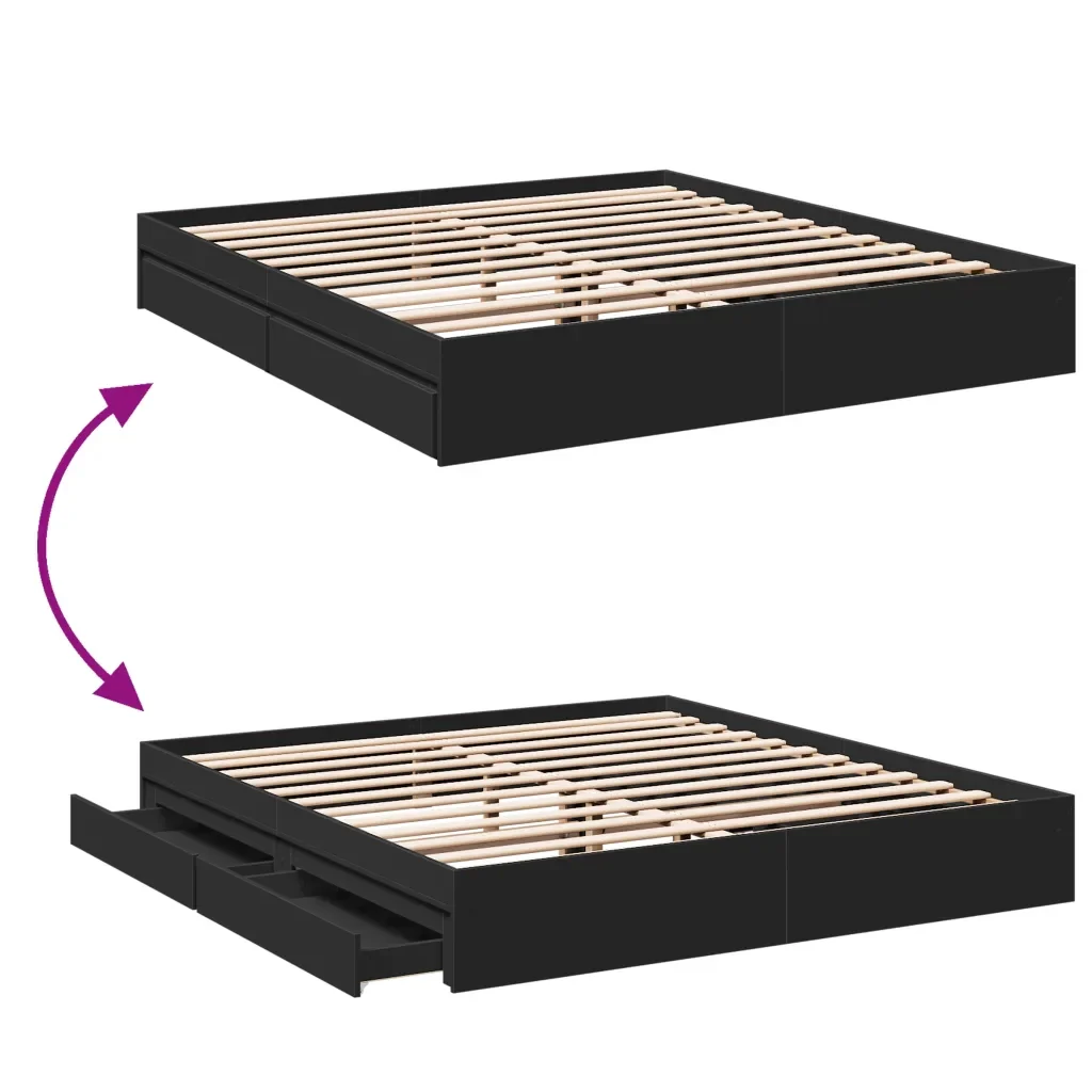 Letto matrimoniale | Letto per adulti | Giroletto con Cassetti Nero 200x200 cm in Legno Multistrato - Image 7