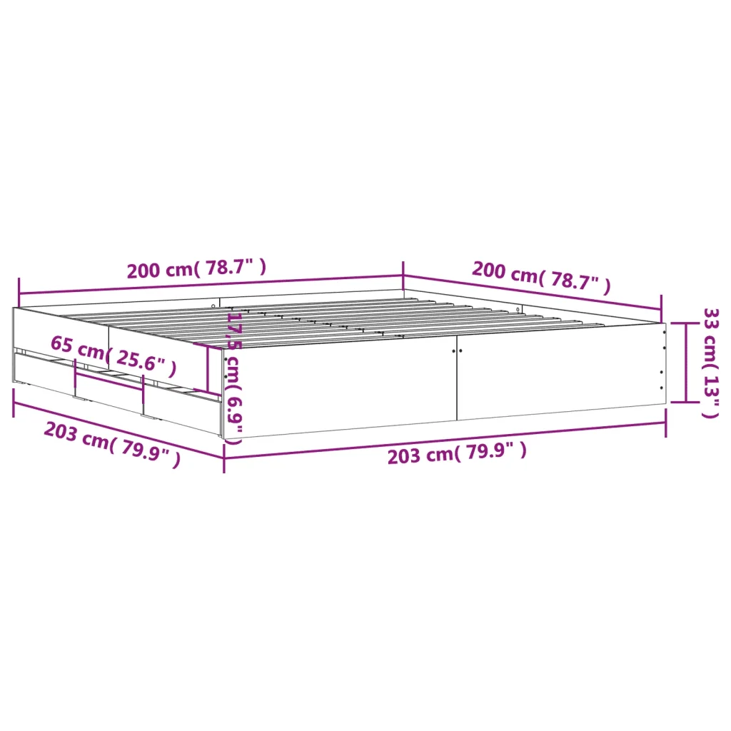 Letto matrimoniale | Letto per adulti | Giroletto con Cassetti Nero 200x200 cm in Legno Multistrato - Image 10