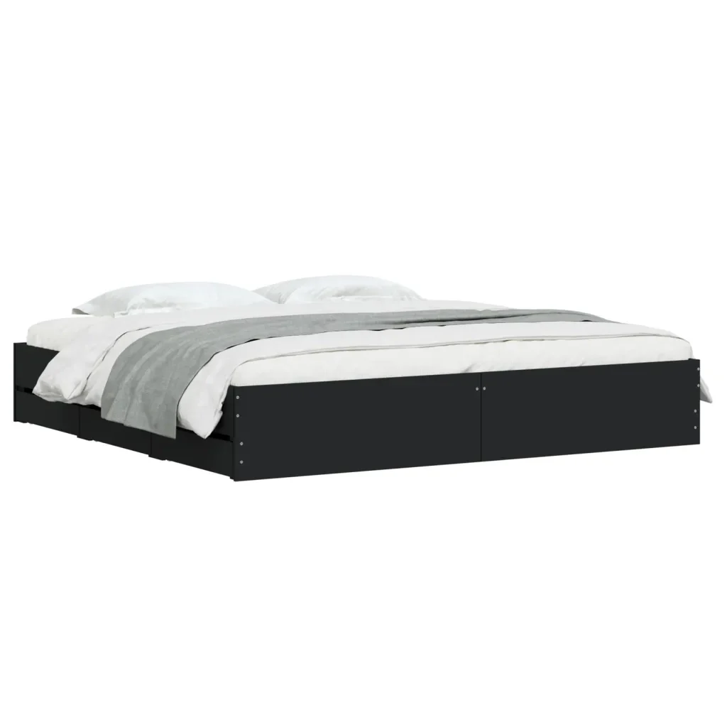 Letto matrimoniale | Letto per adulti | Giroletto con Cassetti Nero 200x200 cm in Legno Multistrato - Image 3
