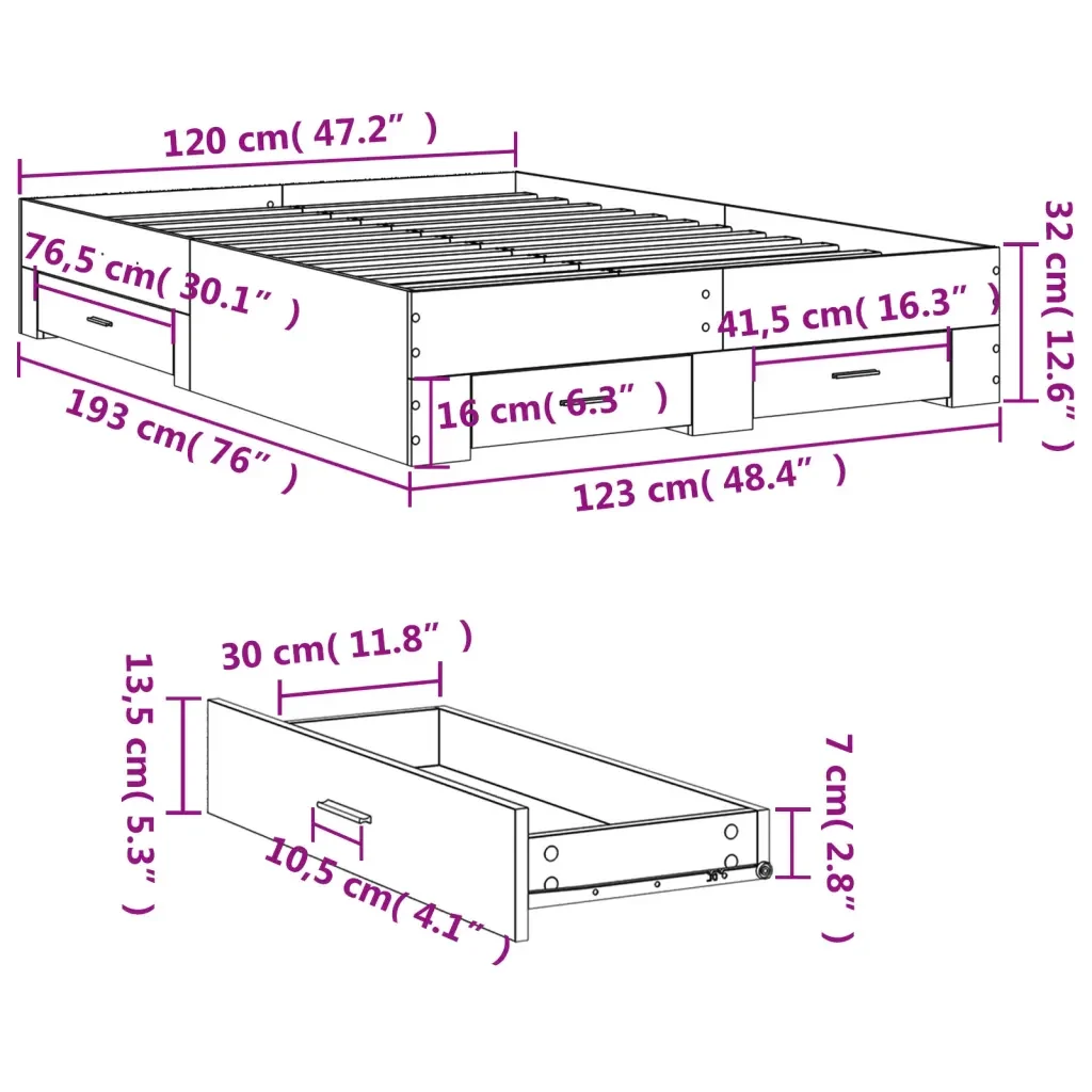 Letto matrimoniale | Letto per adulti | Giroletto con Cassetti Rovere Fumo 120x190 cm Legno Multistrato - Image 10