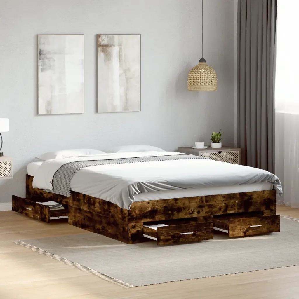 Letto matrimoniale | Letto per adulti | Giroletto con Cassetti Rovere Fumo 120x190 cm Legno Multistrato - Image 2
