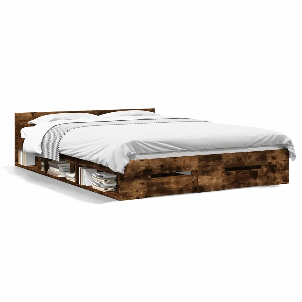 Letto matrimoniale | Letto per adulti | Giroletto con Cassetti Rovere Fumo 120x190 cm Legno Multistrato