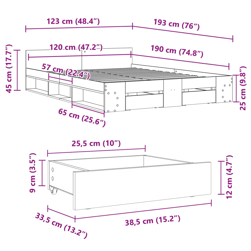 Letto matrimoniale | Letto per adulti | Giroletto con Cassetti Rovere Fumo 120x190 cm Legno Multistrato - Image 10