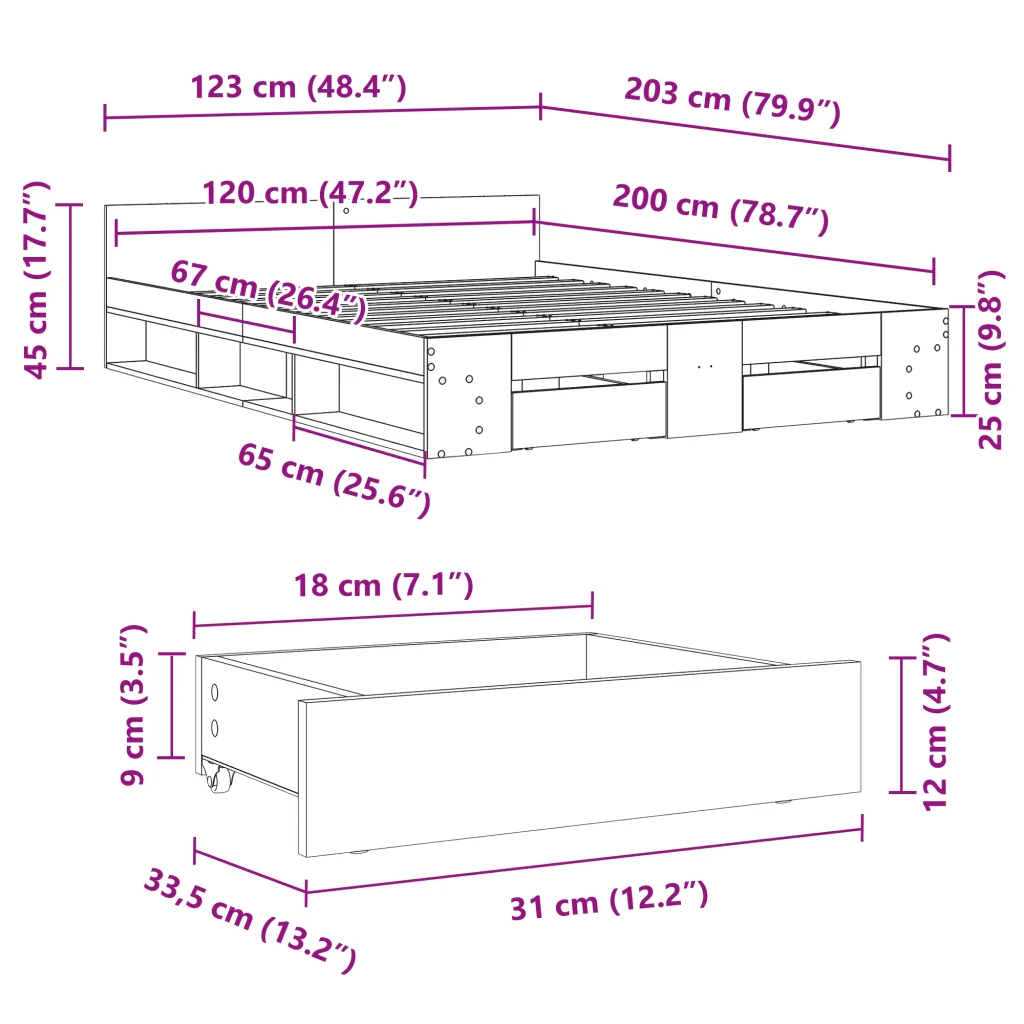Letto matrimoniale | Letto per adulti | Giroletto con Cassetti Rovere Fumo 120x200 cm Legno Multistrato - Image 10