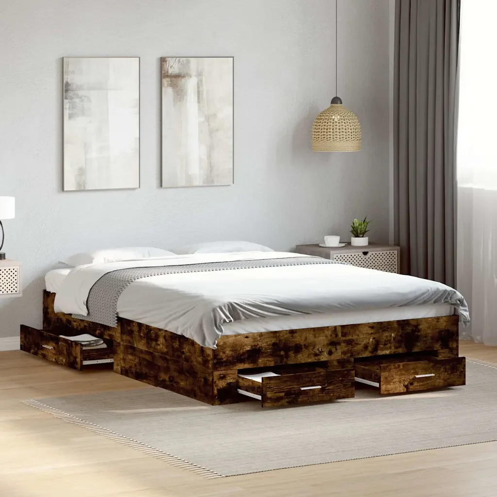 Letto matrimoniale | Letto per adulti | Giroletto con Cassetti Rovere Fumo 135x190 cm Legno Multistrato - Image 2