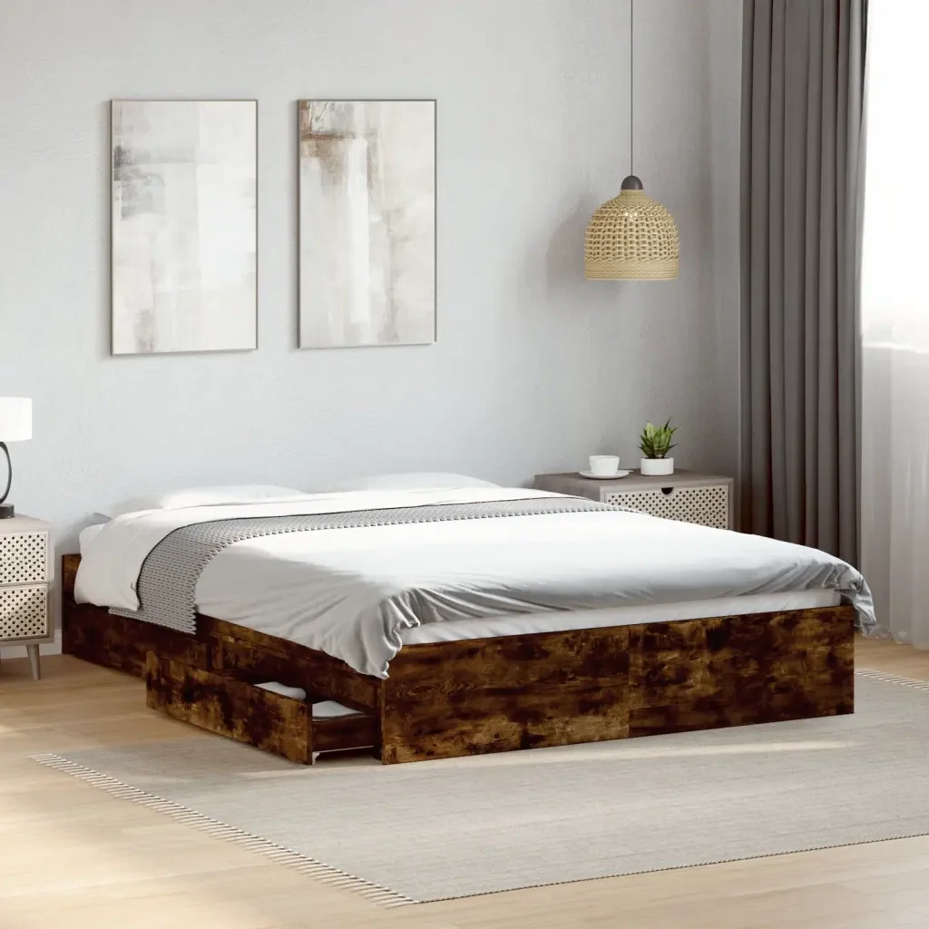 Letto matrimoniale | Letto per adulti | Giroletto con Cassetti Rovere Fumo 135x190 cm Legno Multistrato - Image 2