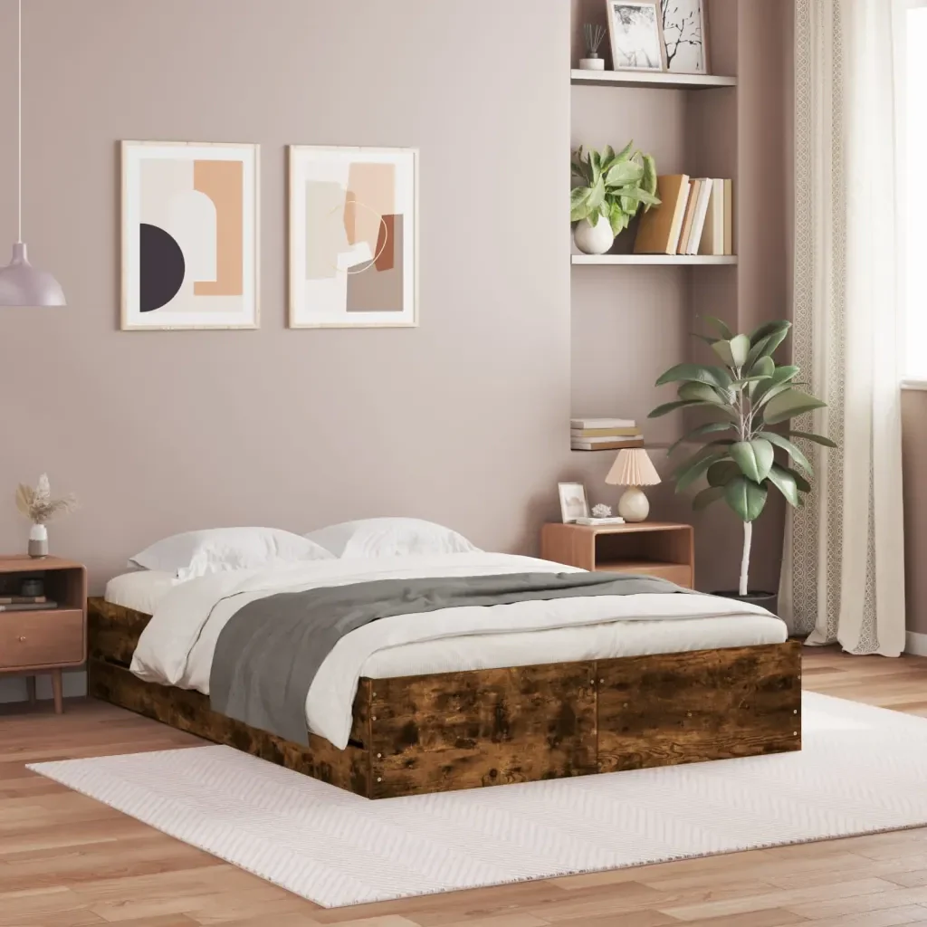 Letto matrimoniale | Letto per adulti | Giroletto con Cassetti Rovere Fumo 135x190 cm Legno Multistrato - Image 2