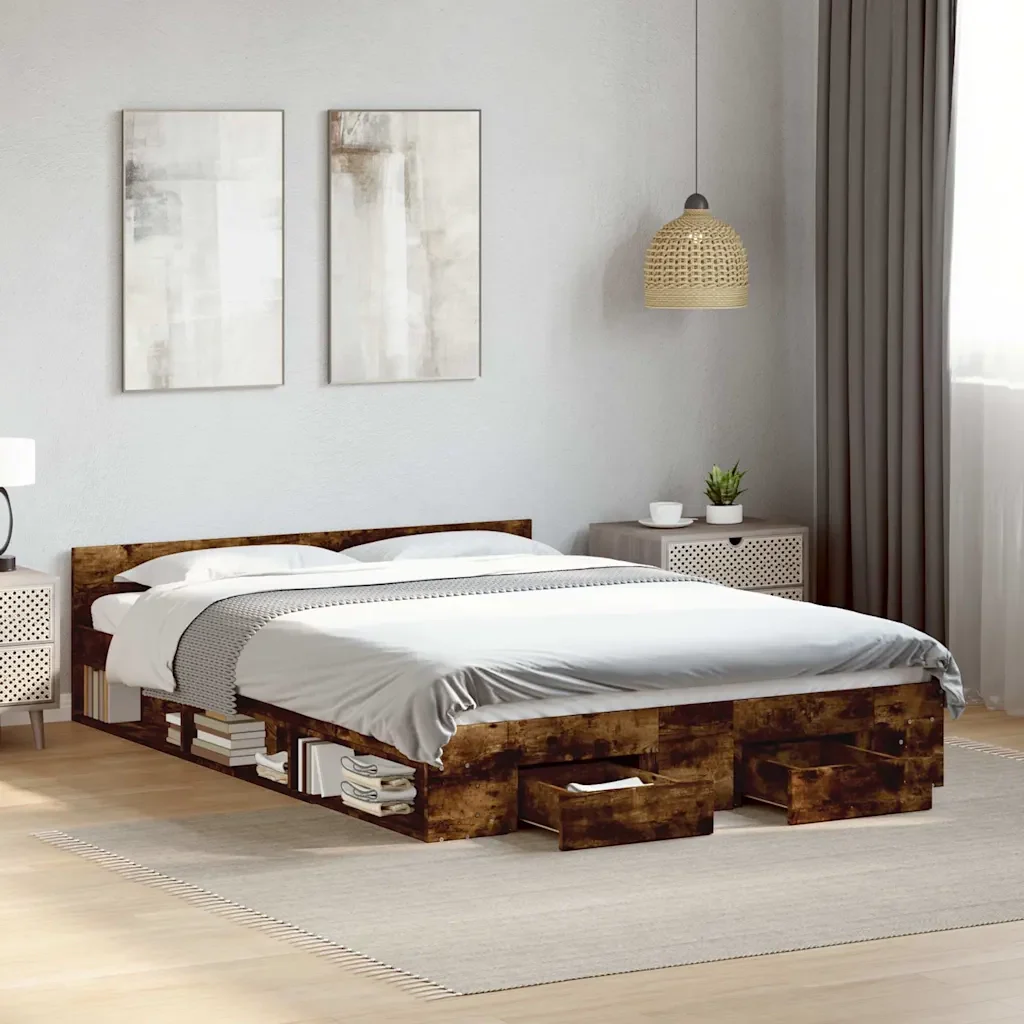Letto matrimoniale | Letto per adulti | Giroletto con Cassetti Rovere Fumo 140x190 cm Legno Multistrato - Image 2