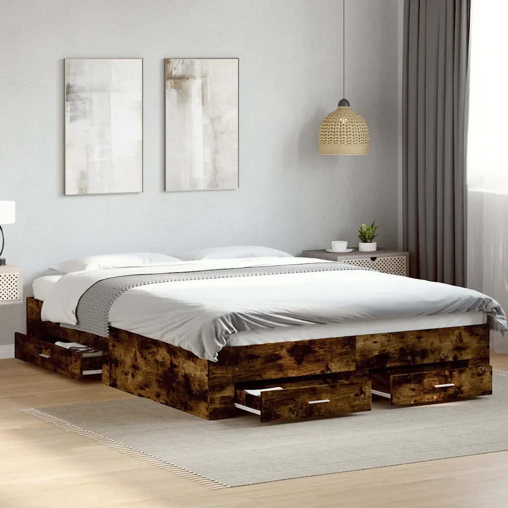 Letto matrimoniale | Letto per adulti | Giroletto con Cassetti Rovere Fumo 150x200 cm Legno Multistrato - Image 2