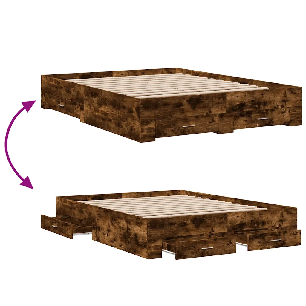 Letto matrimoniale | Letto per adulti | Giroletto con Cassetti Rovere Fumo 150x200 cm Legno Multistrato - Image 7