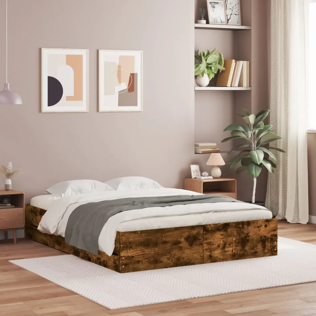Letto matrimoniale | Letto per adulti | Giroletto con Cassetti Rovere Fumo 150x200 cm Legno Multistrato - Image 2