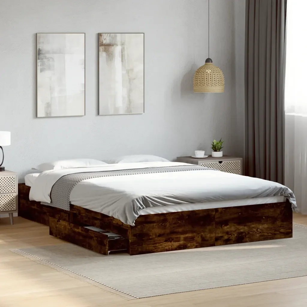 Letto matrimoniale | Letto per adulti | Giroletto con Cassetti Rovere Fumo 160x200 cm Legno Multistrato - Image 2