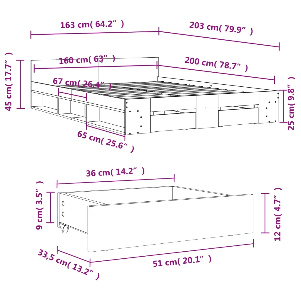 Letto matrimoniale | Letto per adulti | Giroletto con Cassetti Rovere Fumo 160x200 cm Legno Multistrato - Image 10