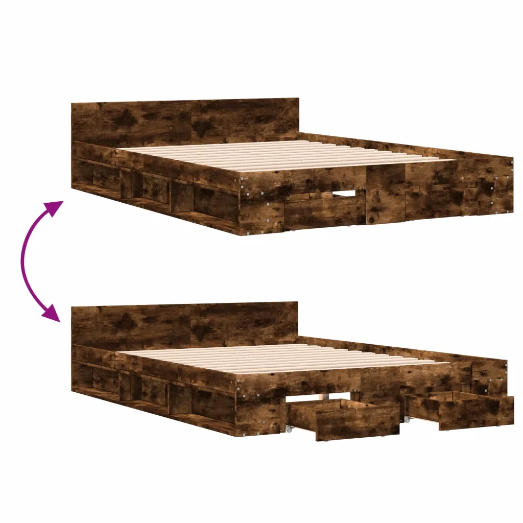 Letto matrimoniale | Letto per adulti | Giroletto con Cassetti Rovere Fumo 160x200 cm Legno Multistrato - Image 7